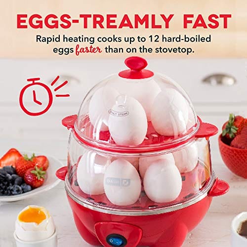 Dash Deluxe Rapid Cooker Electric for Hard Boiled, Poached, Scrambled Eggs, Omelets, Steamed Vegetables, Seafood, Dumplings & More, 12 capacity, with Auto Shut Off Feature, Red