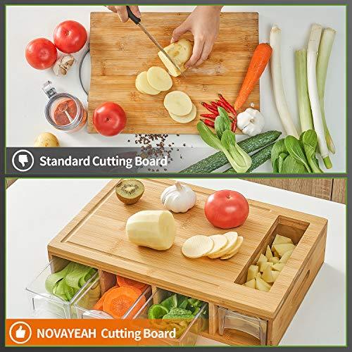 NOVAYEAH Bamboo Cutting Board with 4 Containers, Large Chopping Board with Juice Grooves, Easy-grip Handles & Food Sliding Opening, Carving Board with Trays for Food Storage, Transport and Cleanup