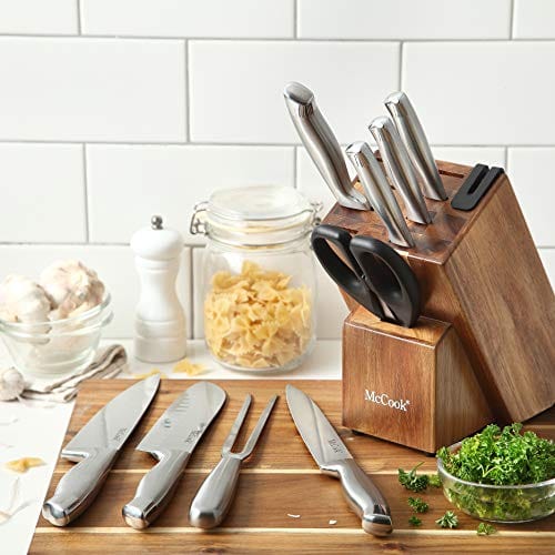 McCook MC35 Knife Sets,11 Pieces German Stainless Steel Hollow Handle Self Sharpening Kitchen Knife Set in Acacia Block