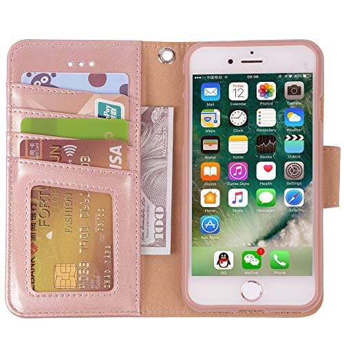 Arae Case for iPhone 7 / iPhone 8 / iPhone SE 2020, Premium PU leather wallet Case with Kickstand and Flip Cover for iPhone 7 / iPhone 8 / iPhone SE 2nd Generation 4.7 inch - Rosegold