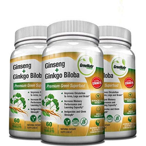 Panax Ginseng + Ginkgo Biloba Tablets – Premium Non-GMO/Veggie Superfood – Traditional Energy Booster and Brain Sharpener