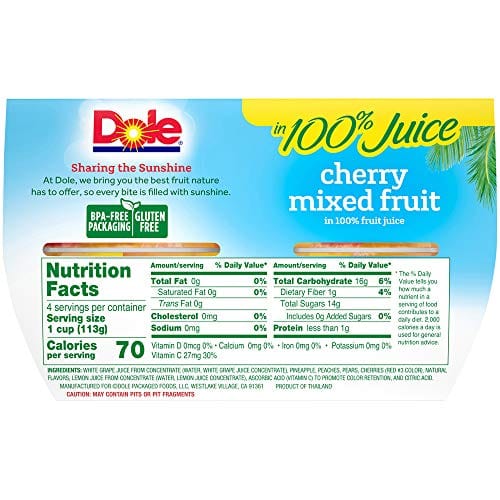 Dole Fruit Bowls Cherry Mixed Fruit in 100% Juice, Gluten Free Healthy Snack, 4 Oz, 24 Total Cups
