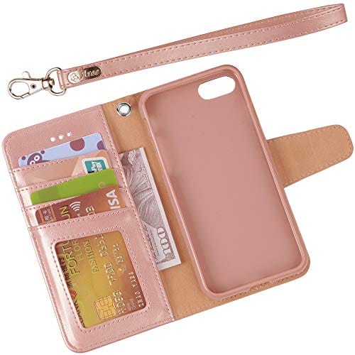 Arae Case for iPhone 7 / iPhone 8 / iPhone SE 2020, Premium PU leather wallet Case with Kickstand and Flip Cover for iPhone 7 / iPhone 8 / iPhone SE 2nd Generation 4.7 inch - Rosegold