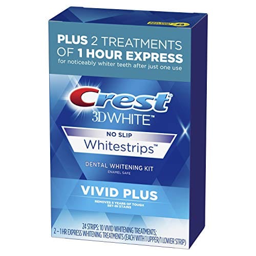 Crest 3D White Whitestrips Vivid Plus Teeth Whitening Kit, Individual Strips (10 Vivid Plus Treatments + 2 1hr Express Treatments), Basic Flavorless Whitestrips, 24 Count
