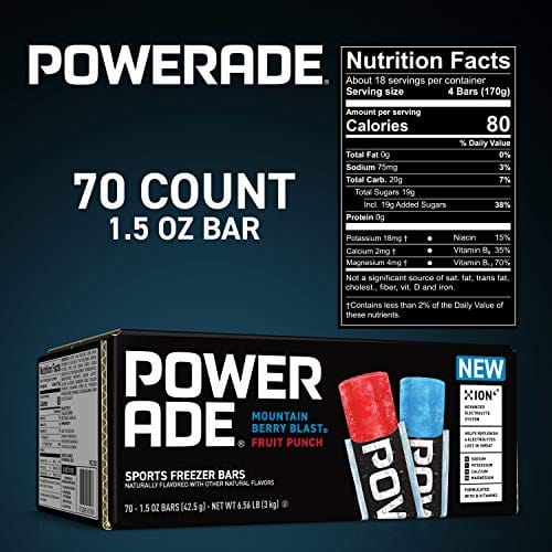 POWERADE Sports Freezer Bars, 1.5 oz – Refreshing Ice Pops with Electrolytes B Vitamins – Naturally Flavored with other Natural Flavors, Mountain Berry Blast and Fruit Punch, 70 Count