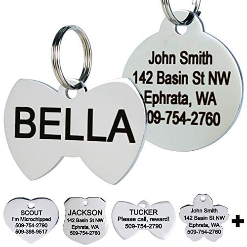 GoTags Stainless Steel Pet ID Tags, Personalized Dog Tags and Cat Tags, up to 8 Lines of Custom Text Engraved on Both Sides, in Bone, Round, Heart, Bow Tie, Flower, Star and More (Bowtie, Small)