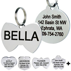 GoTags Stainless Steel Pet ID Tags, Personalized Dog Tags and Cat Tags, up to 8 Lines of Custom Text Engraved on Both Sides, in Bone, Round, Heart, Bow Tie, Flower, Star and More (Bowtie, Small)