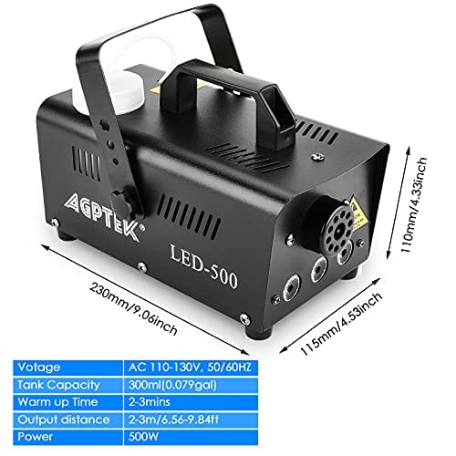 Smoke Machine, AGPTEK Fog Machine with 13 Colorful LED Lights Effect, 500W and 2000CFM Fog with 1 Wired Receiver and 2 Wireless Remote Controls, Perfect for Wedding, Halloween, Party and Stage Effect