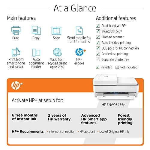 HP ENVY 6455e All-in-One Wireless Color Printer, with bonus 6 months free Instant Ink with HP+ (223R1A)