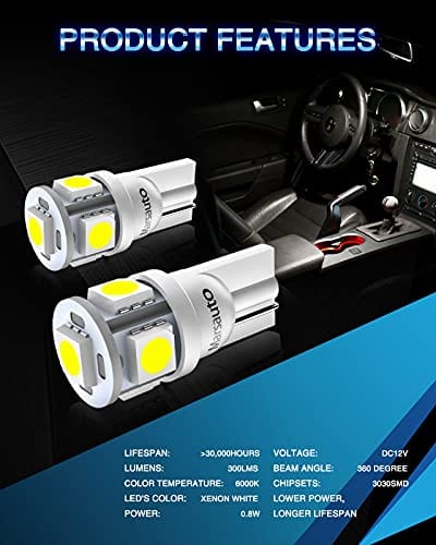 Marsauto 194 LED Light Bulb 6000K 168 T10 2825 5SMD LED Replacement Bulbs for Car Dome Map Door Courtesy License Plate Lights (Pack of 10)