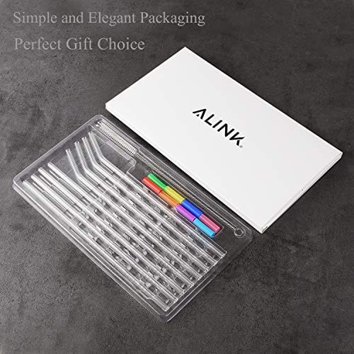 ALINK Skinny Clear Glass Straws, 10.5" x 7 mm Long Reusable Drinking Straws for 30 oz RTIC/YETI Tumblers, Mason Jars, Pack of 8 with 2 Cleaning Brush and 8 Silicone Tips