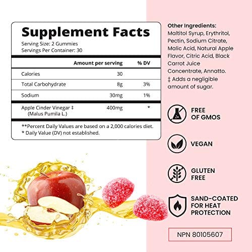 Apple Cider Vinegar Sugar Free Gummies with The Mother - Formulated for Weight Control - Gluten Free, No Glucose Syrup, ACV Gummies Alternative to Capsules & Drink (60 Ct)