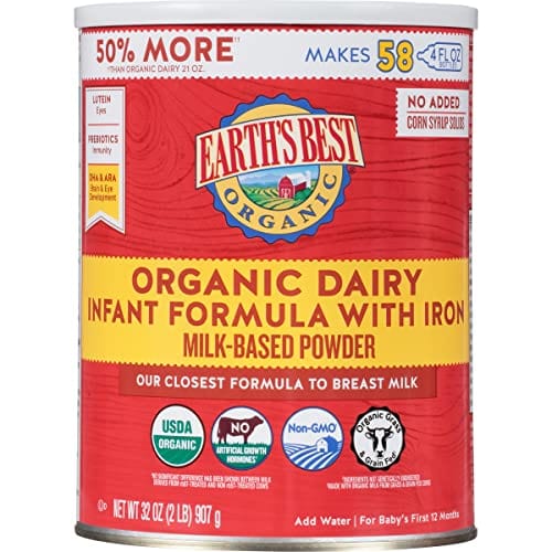 Earth's Best Organic Baby Formula, Dairy Based Powder Infant Formula with Iron, Non-GMO, Omega-3 DHA and Omega-6 ARA, 32 oz