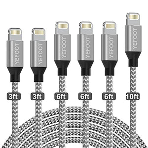 YEFOOT iPhone Charger [MFi Certified] 6Pack[3/3/6/6/6/10ft] Cable Compatible iPhone 12Pro Max/12Pro/12/11Pro Max/11Pro/11/XS and More-Silver&White