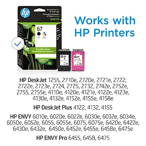 HP 67 | 2 Ink Cartridges | Black, Tri-Color | Works with HP ENVY 6000 Series, HP ENVY Pro 6400 Series, HP DeskJet 1255, 2700 Series, DeskJet Plus 4100 Series | 3YP29AN