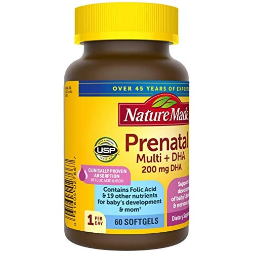 Nature Made Prenatal Multivitamin with 200 mg DHA, Multivitamin to Support Baby Development and Mom, 60 Softgels, 60 Day Supply