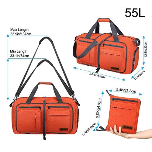 Travel Duffel Bag, 55L Foldable Duffle Bag with Shoes Compartment Packable Weekender Bag for Men Women Water-proof & Tear Resistant HIKISS-Orange