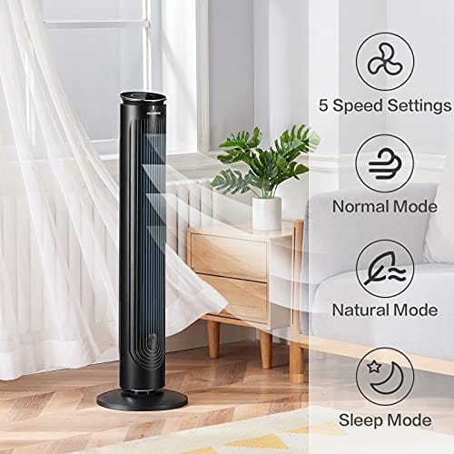 2021 PELONIS 42 Inch Oscillating Tower Fan with Aromatherapy Diffuser, Remote Control, 5 Speed Settings with 3 Modes, Programmable 4H Timer, 45 Watts, Power Off Memory and LED Display, Black
