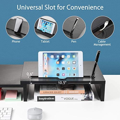 LORYERGO Dual Monitor Riser Stand - 3 Shelf Screen Laptop Stand with Storage Slots for Phone (Black)