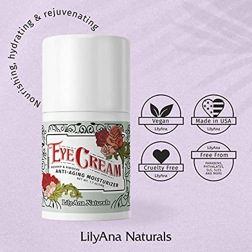LilyAna Naturals Eye Cream - Made in USA, Eye Cream for Dark Circles and Puffiness, Under Eye Cream, Anti Aging Eye Cream, Improve the look of Fine Lines and Wrinkles, Rosehip and Hibiscus Botanicals - 1.7oz