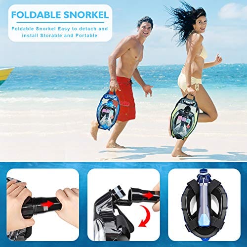 ZIPOUTE Snorkel Mask Full Face, Foldable Full Face Snorkel Mask with Detachable Camera Mount and Earplugs, 180 Panoramic Vie