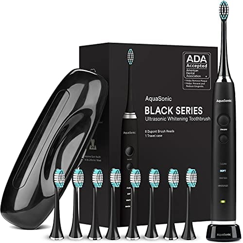 AquaSonic Black Series Ultra Whitening Toothbrush – ADA Accepted Electric Toothbrush - 8 Brush Heads & Travel Case