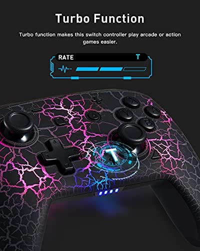 Switch Controller, Wireless Switch Pro Controller for Switch/Switch Lite, 8 Colors Adjustable LED Wireless Remote Gamepad with Unique Crack/Turbo/Dual Shock/Motion Control (Black)