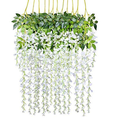 12 Pack 3.6 Feet/Piece Artificial Fake Wisteria Vine Ratta Hanging Garland Silk Flowers String Home Party Wedding Decor (White)