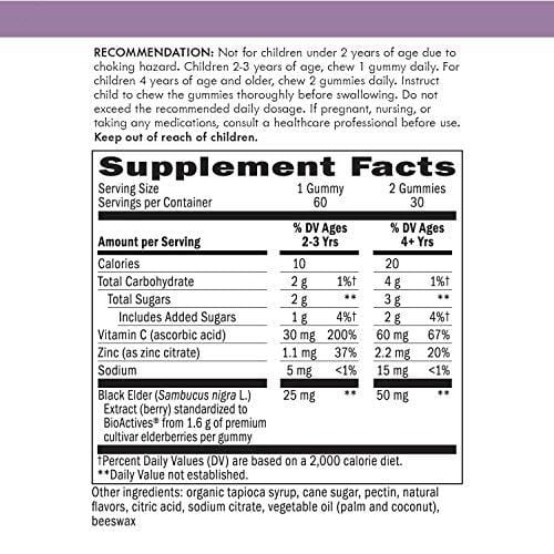 Nature's Way Sambucus Elderberry Kid's Gummies, Black Elderberry with Vitamin C and Zinc, 60 Count