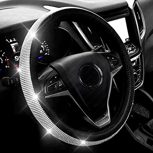 New Diamond Leather Steering Wheel Cover with Bling Bling Crystal Rhinestones, Universal Fit 15 Inch Car Wheel Protector for Women Girls,Black