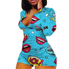 RUEWEY Women V-Neck Shorts Jumpsuit One Piece Bodysuit Pajama Long Sleeve Bodycon Rompers Overall (XL, Blue+Red)