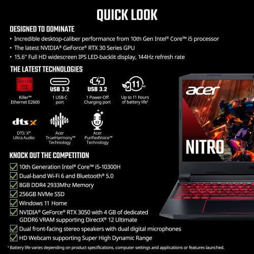 Acer Nitro 5 AN515-55-53E5 Gaming Laptop | Intel Core i5-10300H | NVIDIA GeForce RTX 3050 Laptop