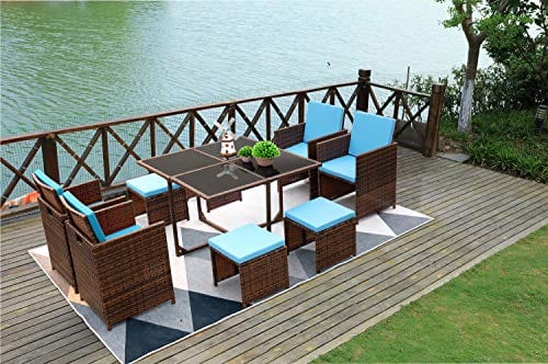 Devoko 9 Pieces Patio Dining Sets Outdoor Space Saving Rattan Chairs with Glass Table Patio Furniture Sets Cushioned Seating and Back Sectional Conversation Set (Blue)
