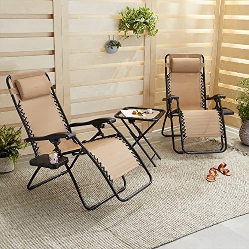 Amazon Basics Textilene Outdoor Adjustable Zero Gravity Folding Reclining Lounge Chair with Side table and Pillow - Pack of 2, Beige