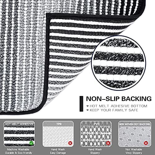 Bathroom Rugs and Mats Sets, 2 Piece Thick Absorbent Chenille Bath Mat Rug Set Non Slip, Soft Shaggy Bath Room Floor Mats for Bathroom, Machine Washable (20" x 47" Plus 16" x 24", Black)