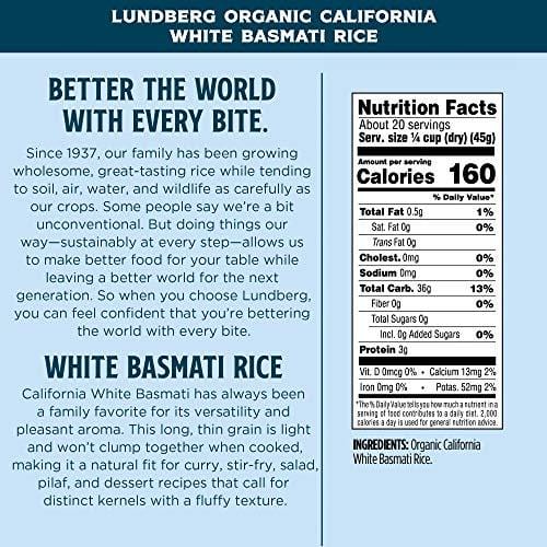 Lundberg Family Farms - Organic California White Basmati Rice, Pleasant Aroma, Fluffy Texture, Won't Clump When Cooked, Gluten-Free, Non-GMO, USDA Certified Organic, Vegan, Kosher (32 oz, 6-Pack)