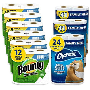 Charmin Ultra Soft Cushiony Touch Toilet Paper, 24 Family Mega Rolls and Bounty Quick-Size Paper Towels,12 Family Rolls, Bundle