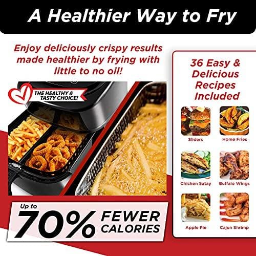 NuWave Brio 6-Quart Air Fryer with App Recipes (Black) Includes Basket Divider, One-Touch Digital Controls, 6 Easy Presets, Wattage Control, and Advanced Functions like SEAR, PREHEAT, DELAY, WARM and More (NEW UPDATED MODEL)