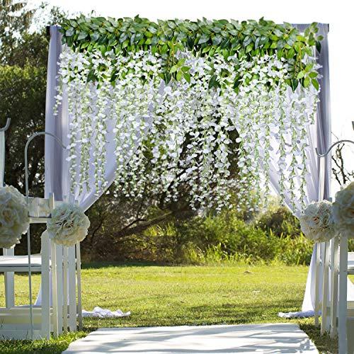 12 Pack 3.6 Feet/Piece Artificial Fake Wisteria Vine Ratta Hanging Garland Silk Flowers String Home Party Wedding Decor (White)