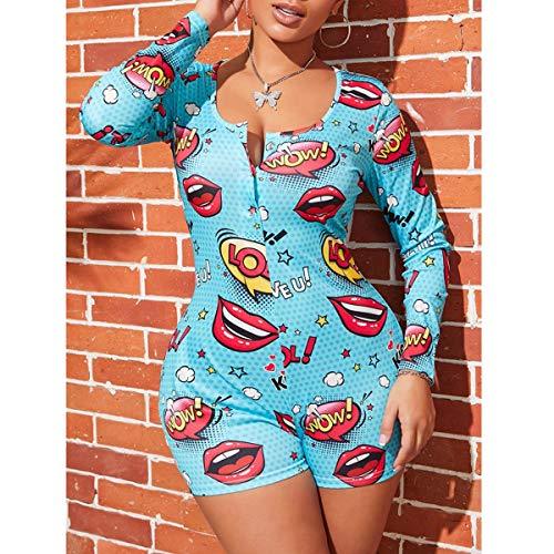 RUEWEY Women V-Neck Shorts Jumpsuit One Piece Bodysuit Pajama Long Sleeve Bodycon Rompers Overall (XL, Blue+Red)