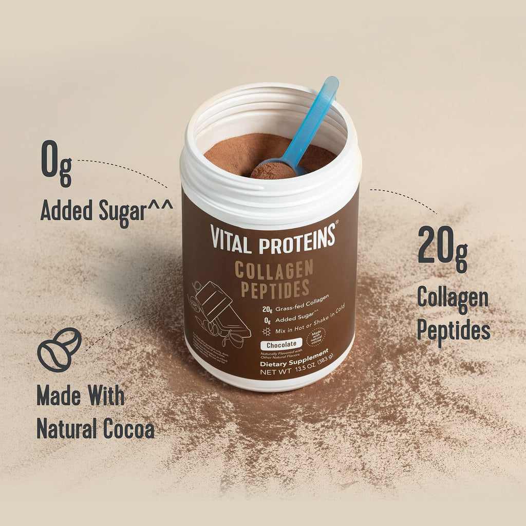 Vital Proteins Chocolate Collagen Powder Supplement (Type I, III) for Skin Hair Nail Joint - Hydrolyzed Collagen - Dairy & Gluten Free - 27g per Serving - Chocolate Flavor, 13.5 oz Canister